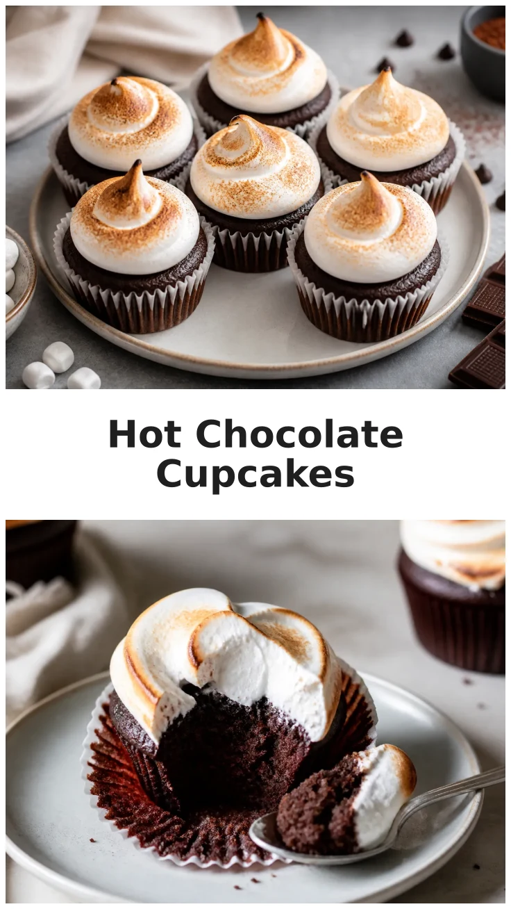 Delicious Hot Chocolate Cupcakes with Fluffy Marshmallow Topping