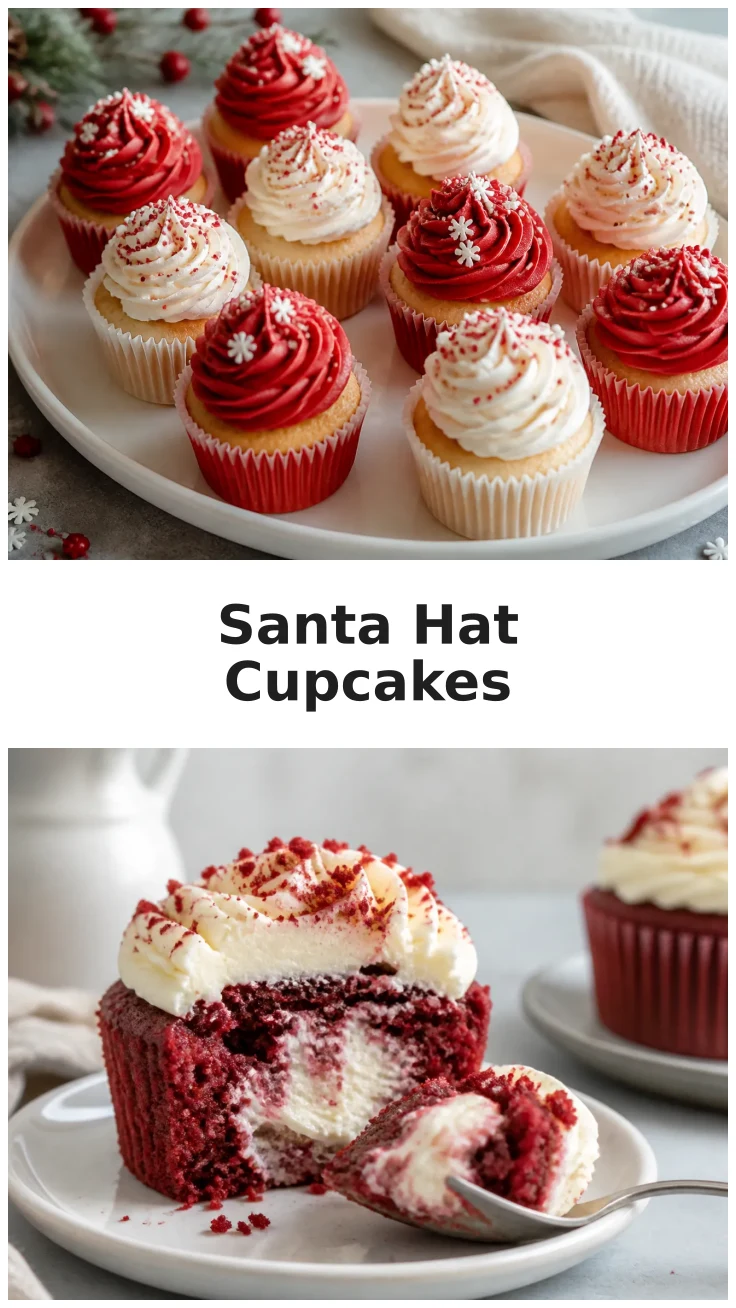 Santa Hat Cupcakes with Festive Red and White Topping Santa Hat Cupcakes with Festive Red and White Topping
